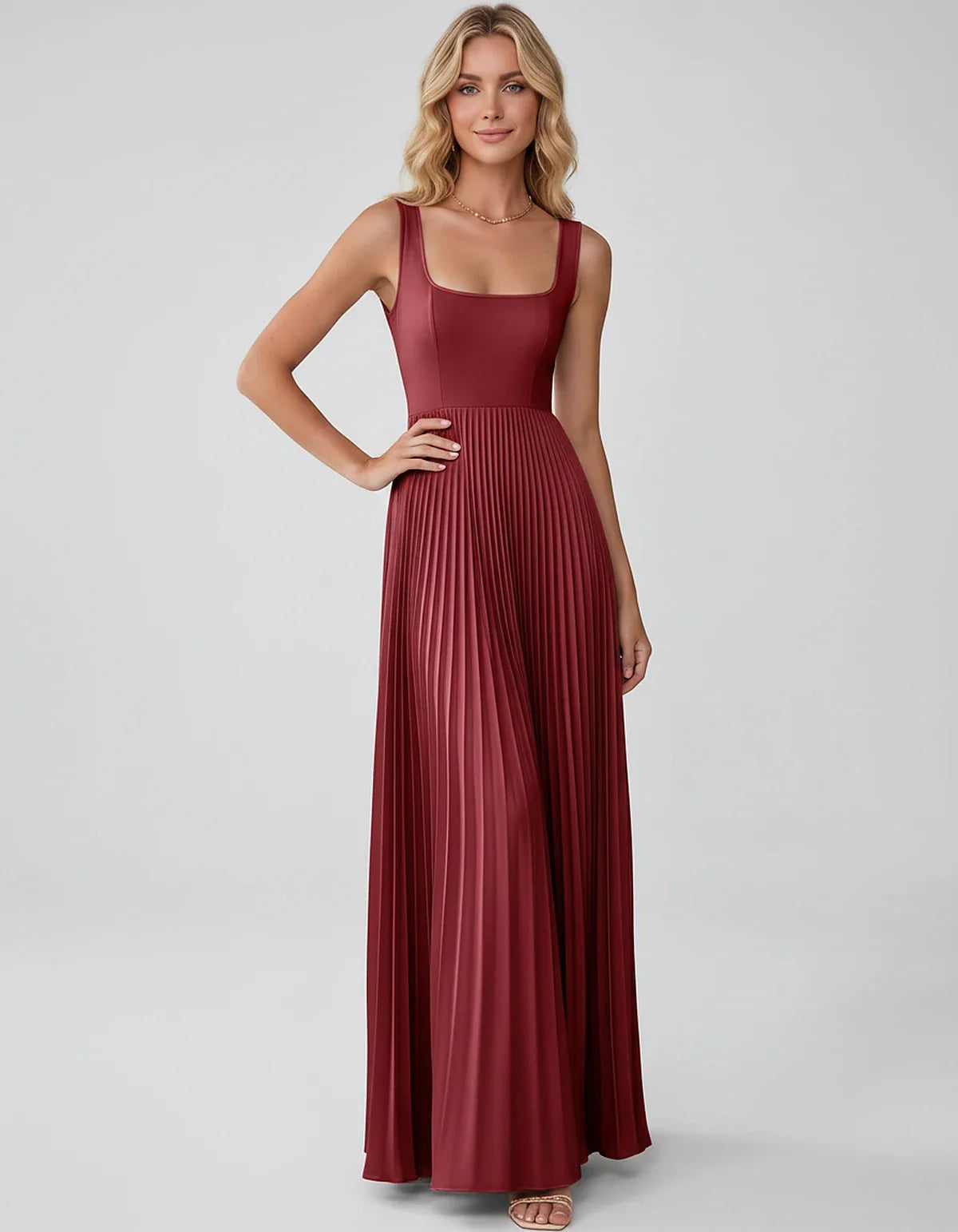 Satin Sleeveless Square Neck A-Line Maxi Dress with Pleated Skirt for Party, Cocktail, Evening, Wedding Guest & Summer Events | SKU: AMD-583920174618527-WINE-L,AMD-583920174618527-WINE-M,AMD-583920174618527-WINE-S,AMD-583920174618527-WINE-XL,AMD-583920174618527-WINE-XS