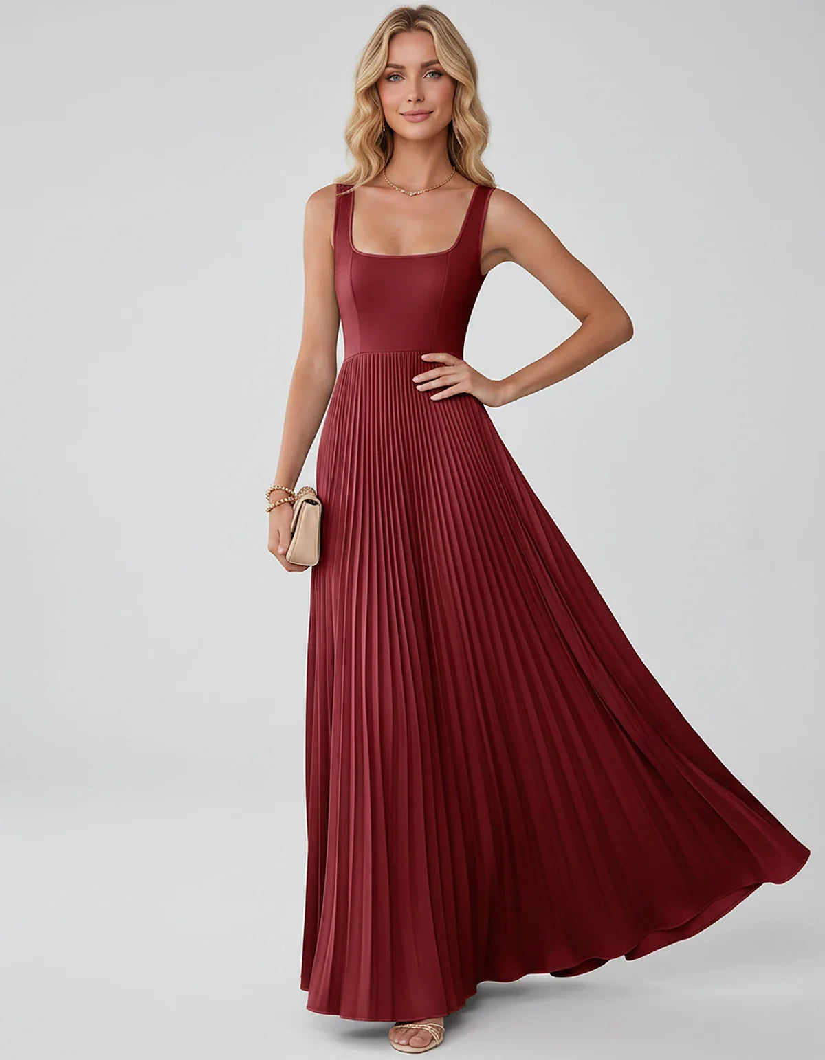 Satin Sleeveless Square Neck A-Line Maxi Dress with Pleated Skirt for Party, Cocktail, Evening, Wedding Guest & Summer Events | SKU: AMD-583920174618527-WINE-L,AMD-583920174618527-WINE-M,AMD-583920174618527-WINE-S,AMD-583920174618527-WINE-XL,AMD-583920174618527-WINE-XS
