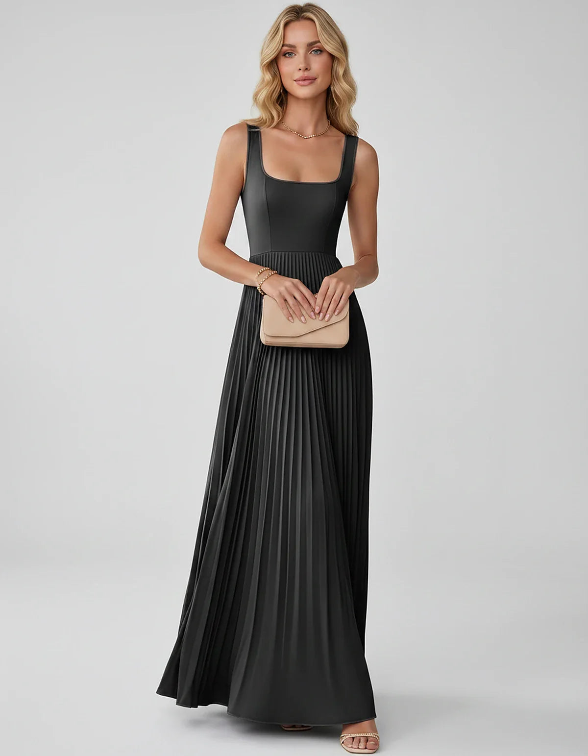 Satin Sleeveless Square Neck A-Line Maxi Dress with Pleated Skirt for Party, Cocktail, Evening, Wedding Guest & Summer Events | SKU: AMD-583920174618527-BLACK-L,AMD-583920174618527-BLACK-M,AMD-583920174618527-BLACK-S,AMD-583920174618527-BLACK-XL,AMD-583920174618527-BLACK-XS