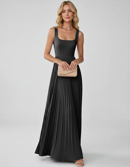 Satin Sleeveless Square Neck A-Line Maxi Dress with Pleated Skirt for Party, Cocktail, Evening, Wedding Guest & Summer Events | SKU: AMD-583920174618527-BLACK-L,AMD-583920174618527-BLACK-M,AMD-583920174618527-BLACK-S,AMD-583920174618527-BLACK-XL,AMD-583920174618527-BLACK-XS