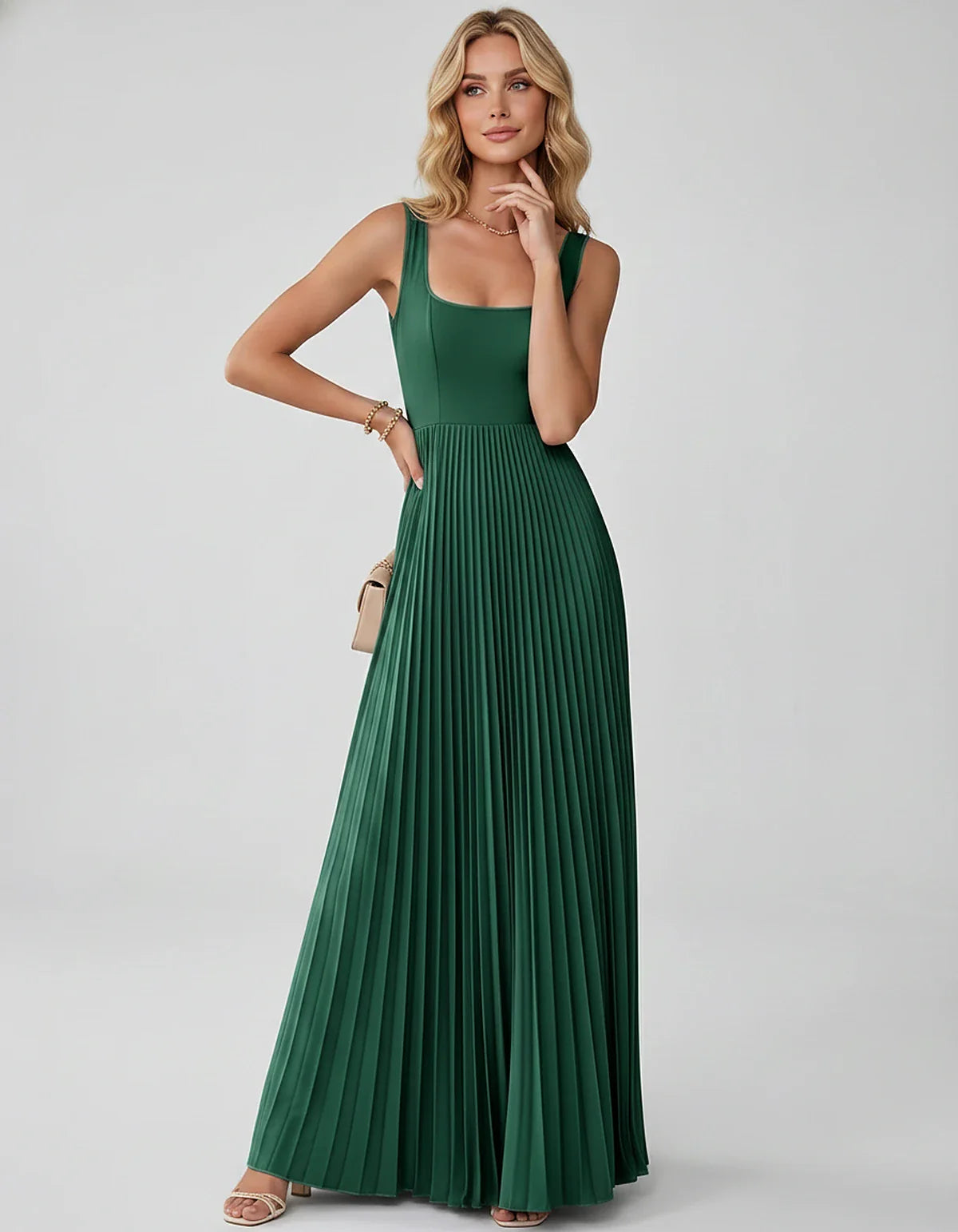 Satin Sleeveless Square Neck A-Line Maxi Dress with Pleated Skirt for Party, Cocktail, Evening, Wedding Guest & Summer Events | SKU: AMD-583920174618527-EMERALD-L,AMD-583920174618527-EMERALD-M,AMD-583920174618527-EMERALD-S,AMD-583920174618527-EMERALD-XL,AMD-583920174618527-EMERALD-XS