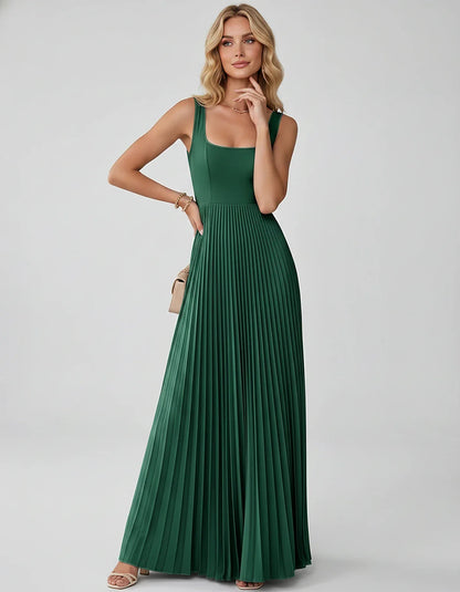 Satin Sleeveless Square Neck A-Line Maxi Dress with Pleated Skirt for Party, Cocktail, Evening, Wedding Guest & Summer Events | SKU: AMD-583920174618527-EMERALD-L,AMD-583920174618527-EMERALD-M,AMD-583920174618527-EMERALD-S,AMD-583920174618527-EMERALD-XL,AMD-583920174618527-EMERALD-XS