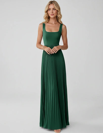 Satin Sleeveless Square Neck A-Line Maxi Dress with Pleated Skirt for Party, Cocktail, Evening, Wedding Guest & Summer Events | SKU: AMD-583920174618527-EMERALD-L,AMD-583920174618527-EMERALD-M,AMD-583920174618527-EMERALD-S,AMD-583920174618527-EMERALD-XL,AMD-583920174618527-EMERALD-XS