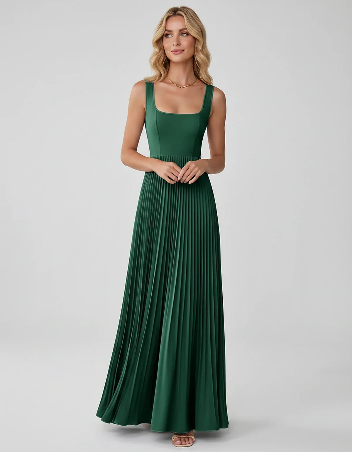 Satin Sleeveless Square Neck A-Line Maxi Dress with Pleated Skirt for Party, Cocktail, Evening, Wedding Guest & Summer Events | SKU: AMD-583920174618527-EMERALD-L,AMD-583920174618527-EMERALD-M,AMD-583920174618527-EMERALD-S,AMD-583920174618527-EMERALD-XL,AMD-583920174618527-EMERALD-XS
