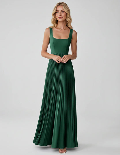 Satin Sleeveless Square Neck A-Line Maxi Dress with Pleated Skirt for Party, Cocktail, Evening, Wedding Guest & Summer Events | SKU: AMD-583920174618527-EMERALD-L,AMD-583920174618527-EMERALD-M,AMD-583920174618527-EMERALD-S,AMD-583920174618527-EMERALD-XL,AMD-583920174618527-EMERALD-XS