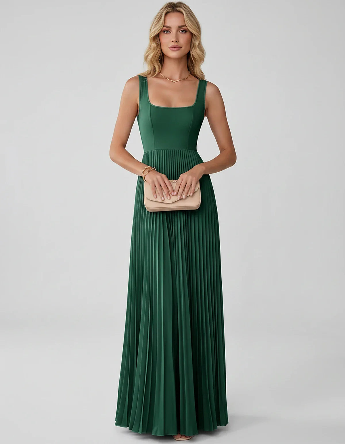 Satin Sleeveless Square Neck A-Line Maxi Dress with Pleated Skirt for Party, Cocktail, Evening, Wedding Guest & Summer Events | SKU: AMD-583920174618527-EMERALD-L,AMD-583920174618527-EMERALD-M,AMD-583920174618527-EMERALD-S,AMD-583920174618527-EMERALD-XL,AMD-583920174618527-EMERALD-XS