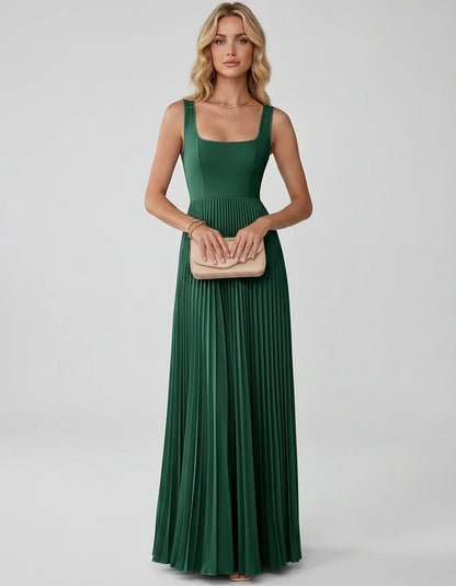 Satin Sleeveless Square Neck A-Line Maxi Dress with Pleated Skirt for Party, Cocktail, Evening, Wedding Guest & Summer Events | SKU: AMD-583920174618527-EMERALD-L,AMD-583920174618527-EMERALD-M,AMD-583920174618527-EMERALD-S,AMD-583920174618527-EMERALD-XL,AMD-583920174618527-EMERALD-XS
