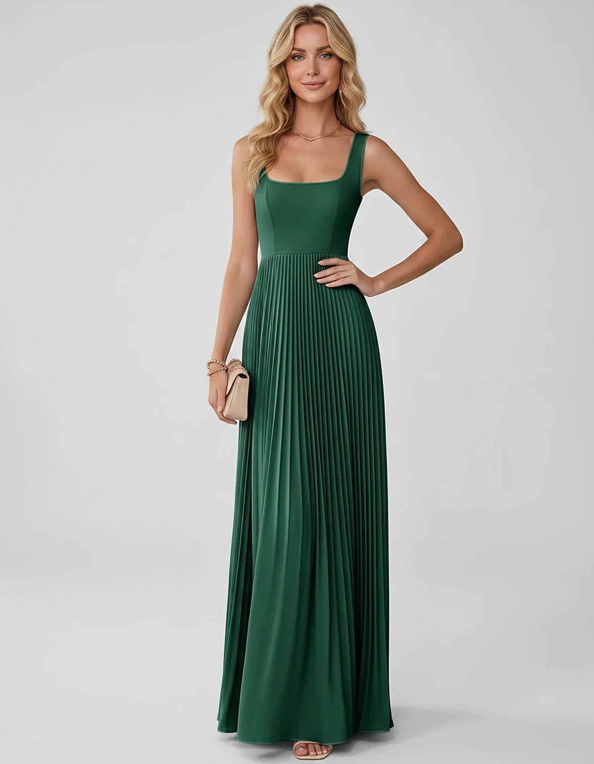 Satin Sleeveless Square Neck A-Line Maxi Dress with Pleated Skirt for Party, Cocktail, Evening, Wedding Guest & Summer Events | SKU: AMD-583920174618527-EMERALD-L,AMD-583920174618527-EMERALD-M,AMD-583920174618527-EMERALD-S,AMD-583920174618527-EMERALD-XL,AMD-583920174618527-EMERALD-XS