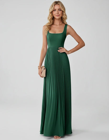 Satin Sleeveless Square Neck A-Line Maxi Dress with Pleated Skirt for Party, Cocktail, Evening, Wedding Guest & Summer Events | SKU: AMD-583920174618527-EMERALD-L,AMD-583920174618527-EMERALD-M,AMD-583920174618527-EMERALD-S,AMD-583920174618527-EMERALD-XL,AMD-583920174618527-EMERALD-XS