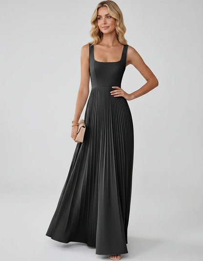Satin Sleeveless Square Neck A-Line Maxi Dress with Pleated Skirt for Party, Cocktail, Evening, Wedding Guest & Summer Events | SKU: AMD-583920174618527-BLACK-L,AMD-583920174618527-BLACK-M,AMD-583920174618527-BLACK-S,AMD-583920174618527-BLACK-XL,AMD-583920174618527-BLACK-XS
