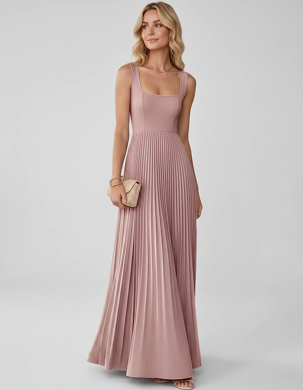 Satin Sleeveless Square Neck A-Line Maxi Dress with Pleated Skirt for Party, Cocktail, Evening, Wedding Guest & Summer Events | SKU: AMD-583920174618527-DUSTYROSE-L,AMD-583920174618527-DUSTYROSE-M,AMD-583920174618527-DUSTYROSE-S,AMD-583920174618527-DUSTYROSE-XL,AMD-583920174618527-DUSTYROSE-XS