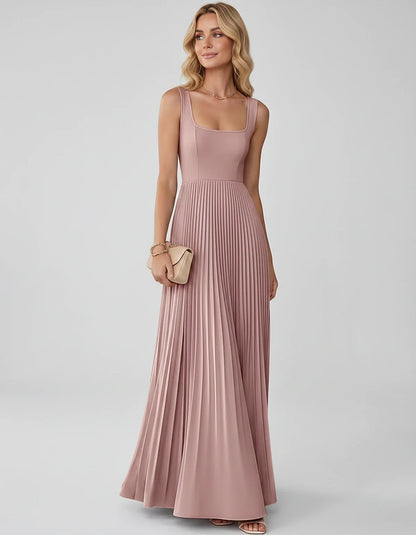 Satin Sleeveless Square Neck A-Line Maxi Dress with Pleated Skirt for Party, Cocktail, Evening, Wedding Guest & Summer Events | SKU: AMD-583920174618527-DUSTYROSE-L,AMD-583920174618527-DUSTYROSE-M,AMD-583920174618527-DUSTYROSE-S,AMD-583920174618527-DUSTYROSE-XL,AMD-583920174618527-DUSTYROSE-XS