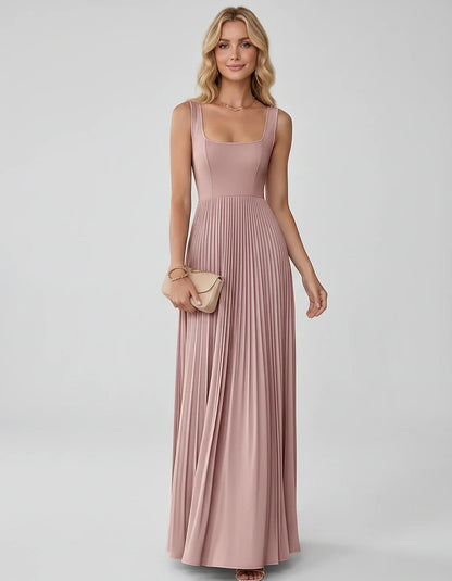 Satin Sleeveless Square Neck A-Line Maxi Dress with Pleated Skirt for Party, Cocktail, Evening, Wedding Guest & Summer Events | SKU: AMD-583920174618527-DUSTYROSE-L,AMD-583920174618527-DUSTYROSE-M,AMD-583920174618527-DUSTYROSE-S,AMD-583920174618527-DUSTYROSE-XL,AMD-583920174618527-DUSTYROSE-XS