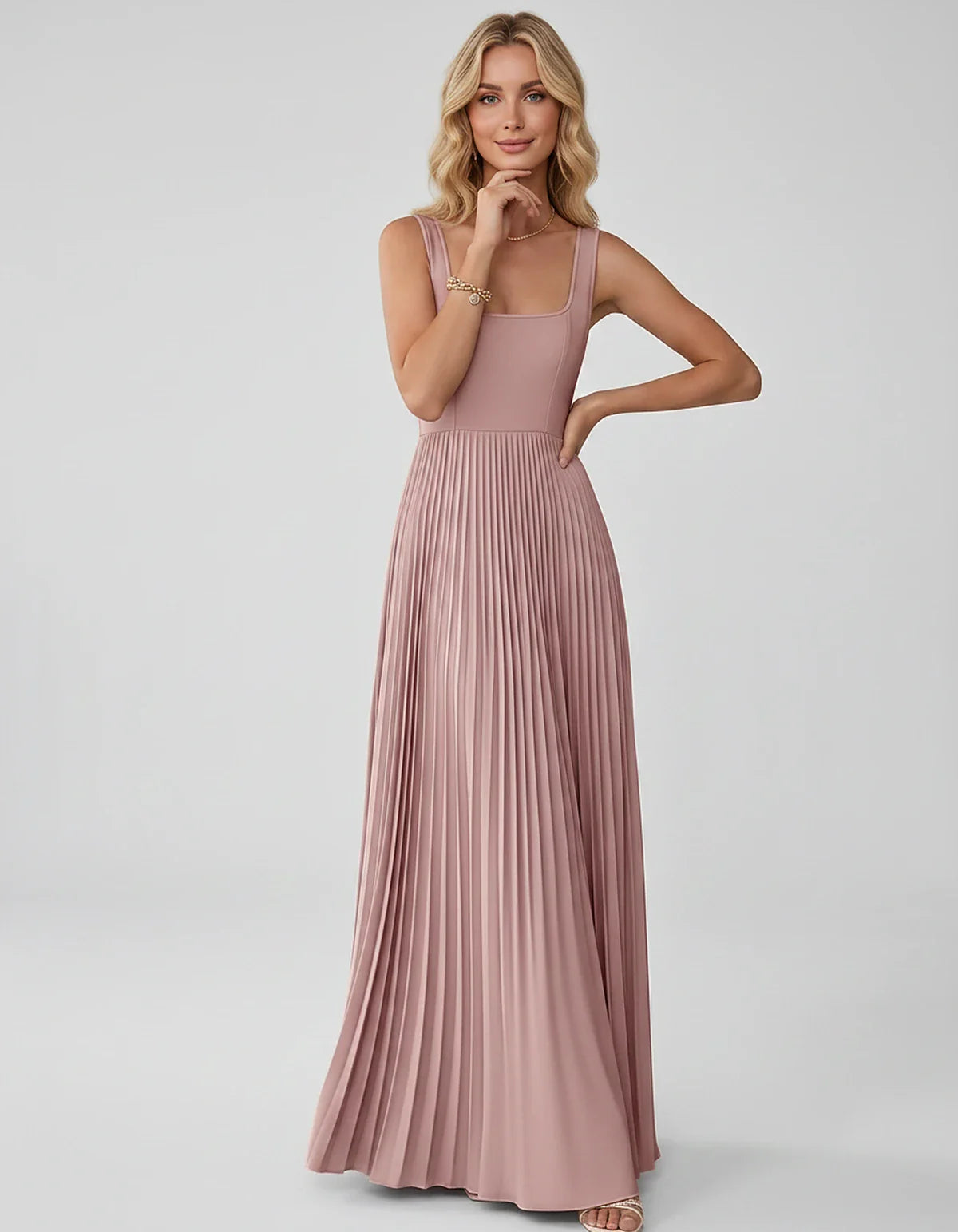 Satin Sleeveless Square Neck A-Line Maxi Dress with Pleated Skirt for Party, Cocktail, Evening, Wedding Guest & Summer Events | SKU: AMD-583920174618527-DUSTYROSE-L,AMD-583920174618527-DUSTYROSE-M,AMD-583920174618527-DUSTYROSE-S,AMD-583920174618527-DUSTYROSE-XL,AMD-583920174618527-DUSTYROSE-XS