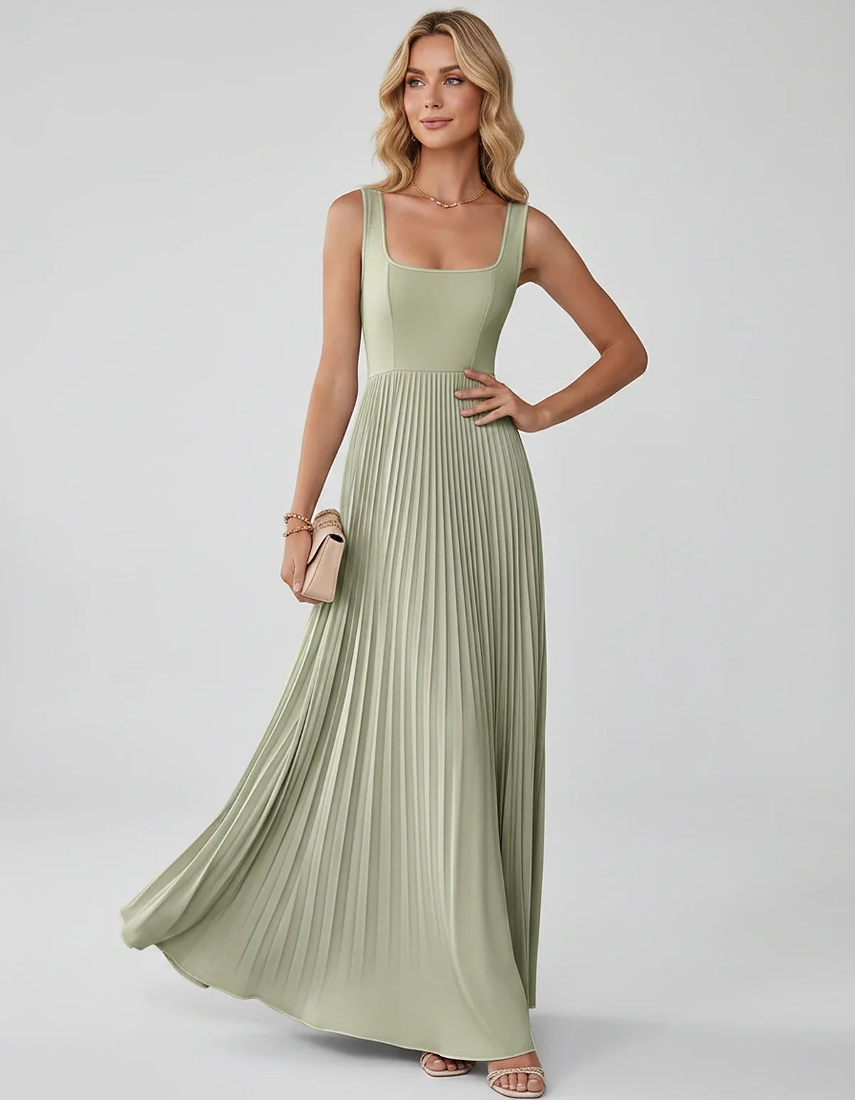 Satin Sleeveless Square Neck A-Line Maxi Dress with Pleated Skirt for Party, Cocktail, Evening, Wedding Guest & Summer Events | SKU: AMD-583920174618527-SAND-L,AMD-583920174618527-SAND-M,AMD-583920174618527-SAND-S,AMD-583920174618527-SAND-XL,AMD-583920174618527-SAND-XS