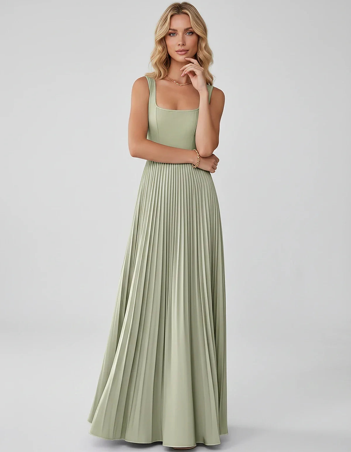 Satin Sleeveless Square Neck A-Line Maxi Dress with Pleated Skirt for Party, Cocktail, Evening, Wedding Guest & Summer Events | SKU: AMD-583920174618527-SAND-L,AMD-583920174618527-SAND-M,AMD-583920174618527-SAND-S,AMD-583920174618527-SAND-XL,AMD-583920174618527-SAND-XS