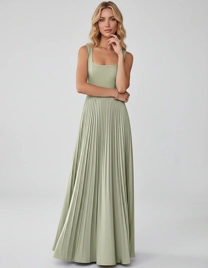 Satin Sleeveless Square Neck A-Line Maxi Dress with Pleated Skirt for Party, Cocktail, Evening, Wedding Guest & Summer Events | SKU: AMD-583920174618527-SAND-L,AMD-583920174618527-SAND-M,AMD-583920174618527-SAND-S,AMD-583920174618527-SAND-XL,AMD-583920174618527-SAND-XS