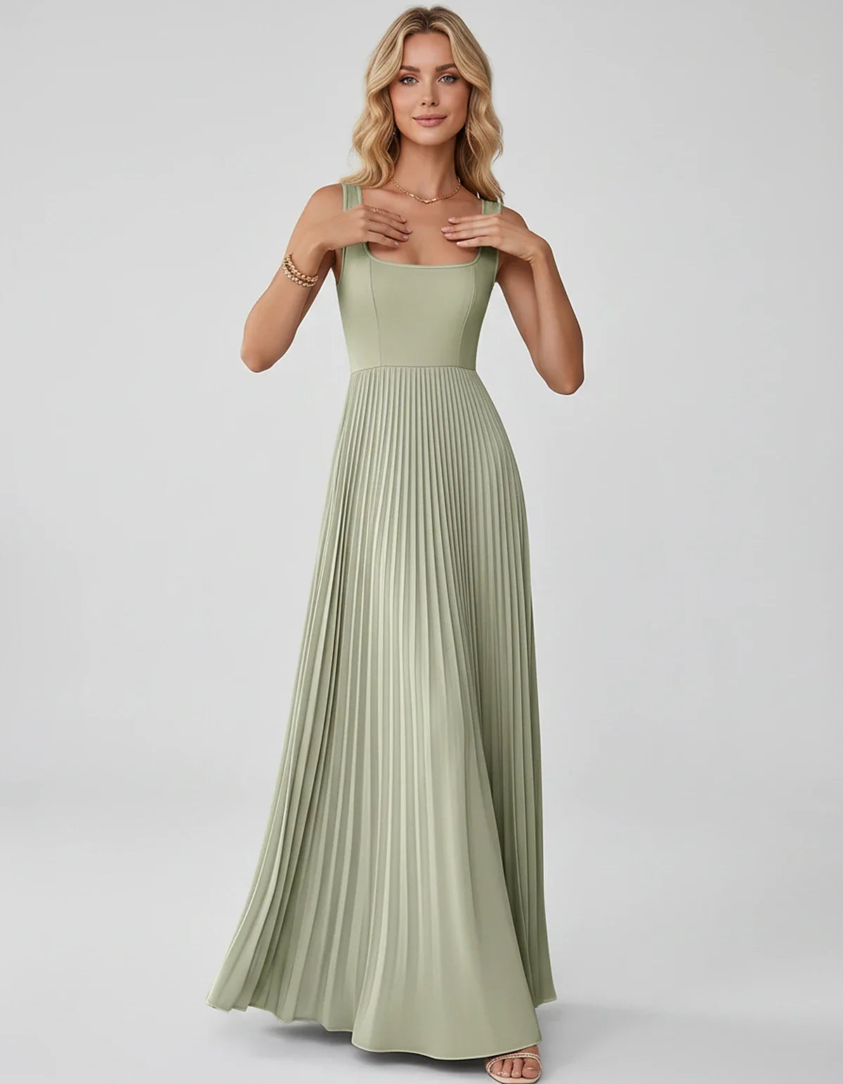 Satin Sleeveless Square Neck A-Line Maxi Dress with Pleated Skirt for Party, Cocktail, Evening, Wedding Guest & Summer Events | SKU: AMD-583920174618527-SAND-L,AMD-583920174618527-SAND-M,AMD-583920174618527-SAND-S,AMD-583920174618527-SAND-XL,AMD-583920174618527-SAND-XS