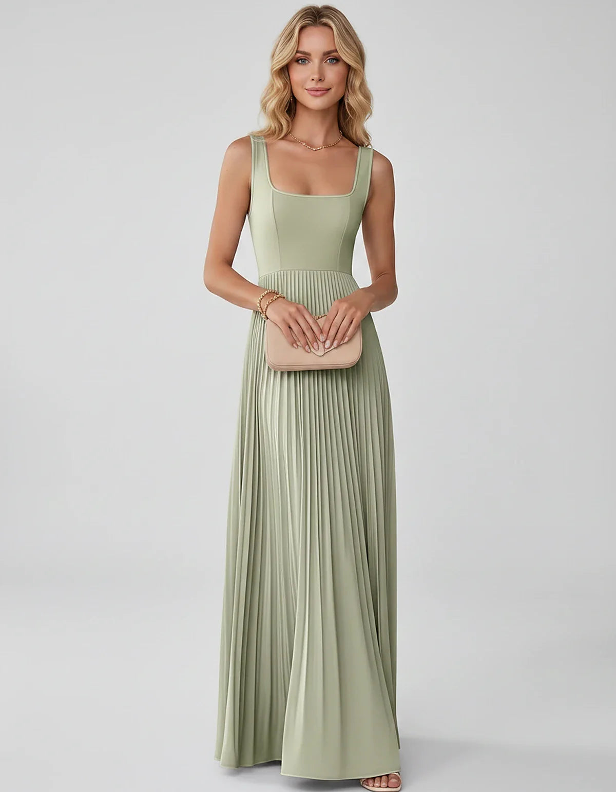 Satin Sleeveless Square Neck A-Line Maxi Dress with Pleated Skirt for Party, Cocktail, Evening, Wedding Guest & Summer Events | SKU: AMD-583920174618527-SAND-L,AMD-583920174618527-SAND-M,AMD-583920174618527-SAND-S,AMD-583920174618527-SAND-XL,AMD-583920174618527-SAND-XS