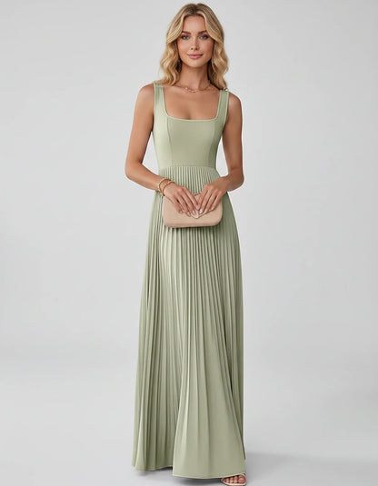 Satin Sleeveless Square Neck A-Line Maxi Dress with Pleated Skirt for Party, Cocktail, Evening, Wedding Guest & Summer Events | SKU: AMD-583920174618527-SAND-L,AMD-583920174618527-SAND-M,AMD-583920174618527-SAND-S,AMD-583920174618527-SAND-XL,AMD-583920174618527-SAND-XS