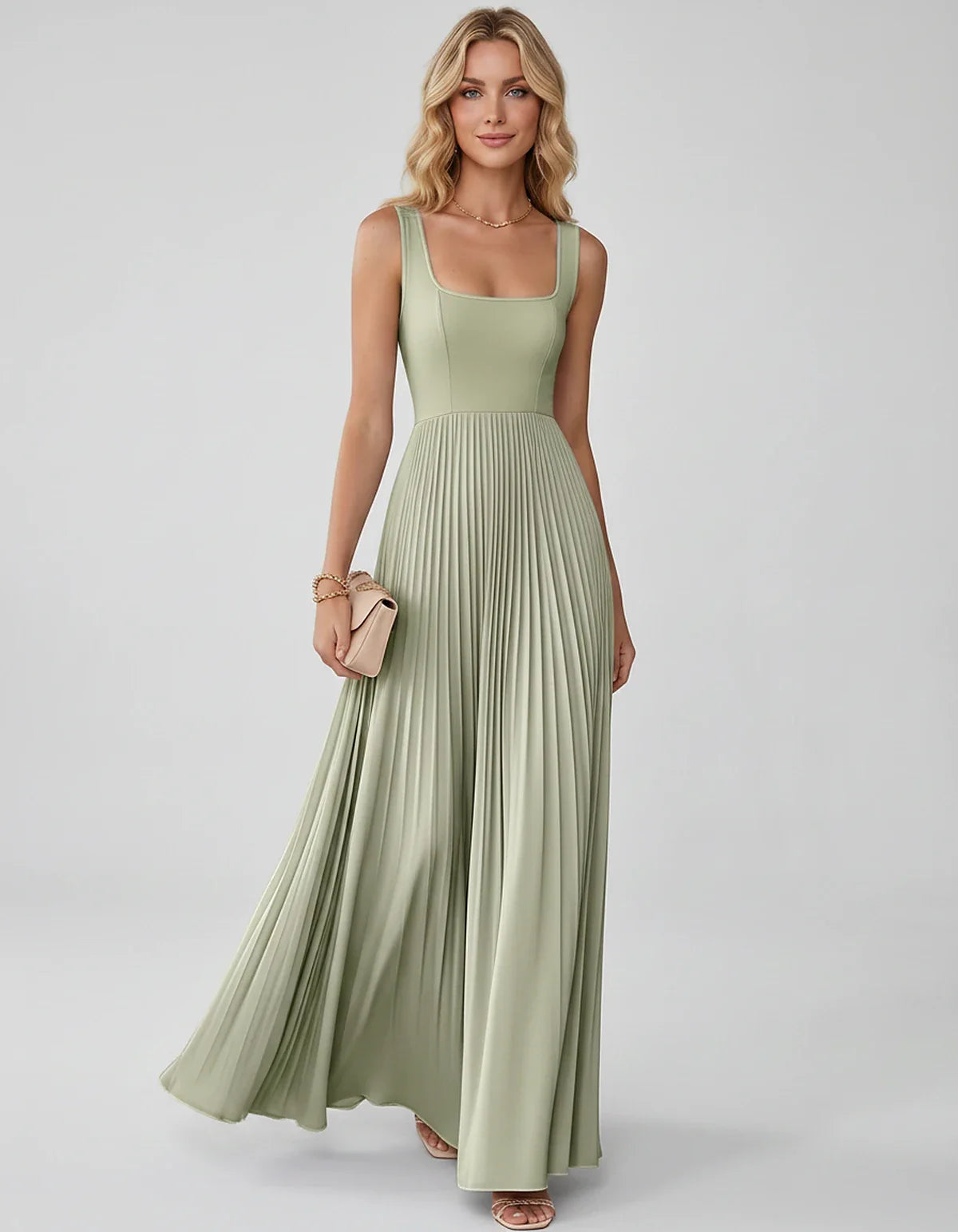 Satin Sleeveless Square Neck A-Line Maxi Dress with Pleated Skirt for Party, Cocktail, Evening, Wedding Guest & Summer Events | SKU: AMD-583920174618527-SAND-L,AMD-583920174618527-SAND-M,AMD-583920174618527-SAND-S,AMD-583920174618527-SAND-XL,AMD-583920174618527-SAND-XS
