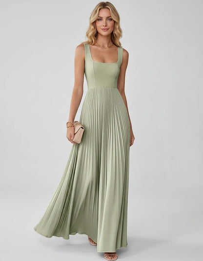 Satin Sleeveless Square Neck A-Line Maxi Dress with Pleated Skirt for Party, Cocktail, Evening, Wedding Guest & Summer Events | SKU: AMD-583920174618527-SAND-L,AMD-583920174618527-SAND-M,AMD-583920174618527-SAND-S,AMD-583920174618527-SAND-XL,AMD-583920174618527-SAND-XS