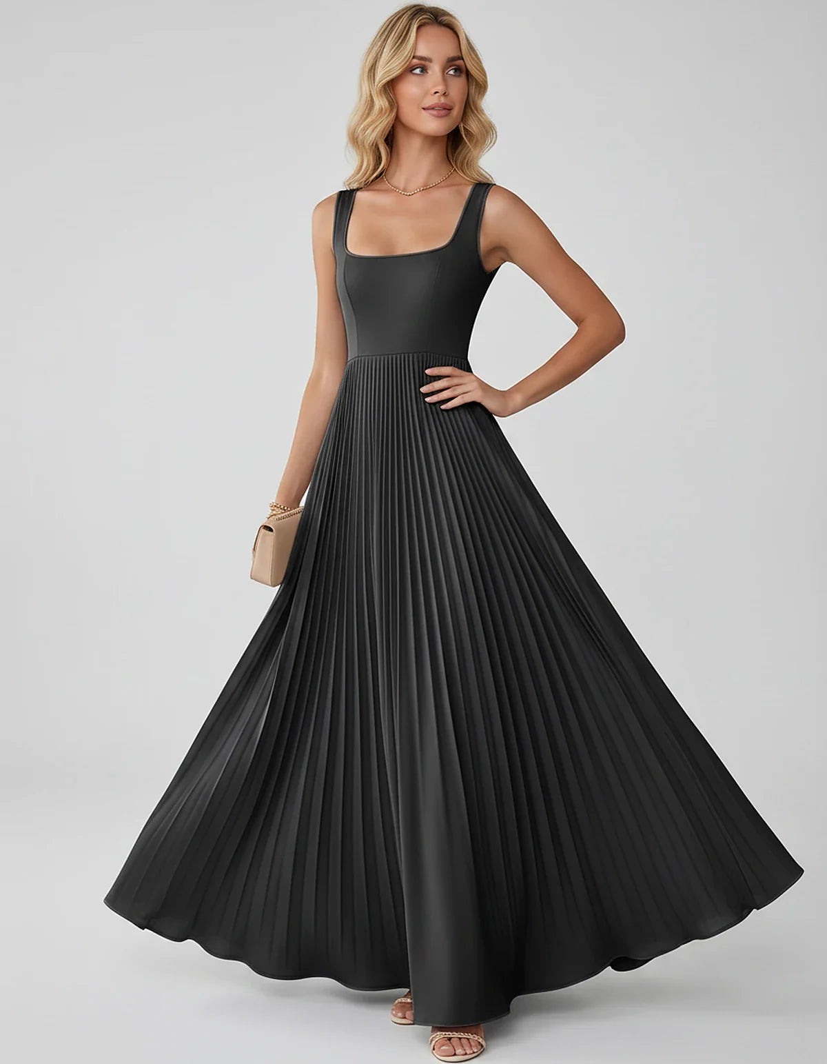 Satin Sleeveless Square Neck A-Line Maxi Dress with Pleated Skirt for Party, Cocktail, Evening, Wedding Guest & Summer Events | SKU: AMD-583920174618527-BLACK-L,AMD-583920174618527-BLACK-M,AMD-583920174618527-BLACK-S,AMD-583920174618527-BLACK-XL,AMD-583920174618527-BLACK-XS