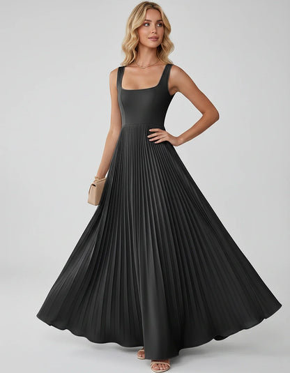 Satin Sleeveless Square Neck A-Line Maxi Dress with Pleated Skirt for Party, Cocktail, Evening, Wedding Guest & Summer Events | SKU: AMD-583920174618527-BLACK-L,AMD-583920174618527-BLACK-M,AMD-583920174618527-BLACK-S,AMD-583920174618527-BLACK-XL,AMD-583920174618527-BLACK-XS
