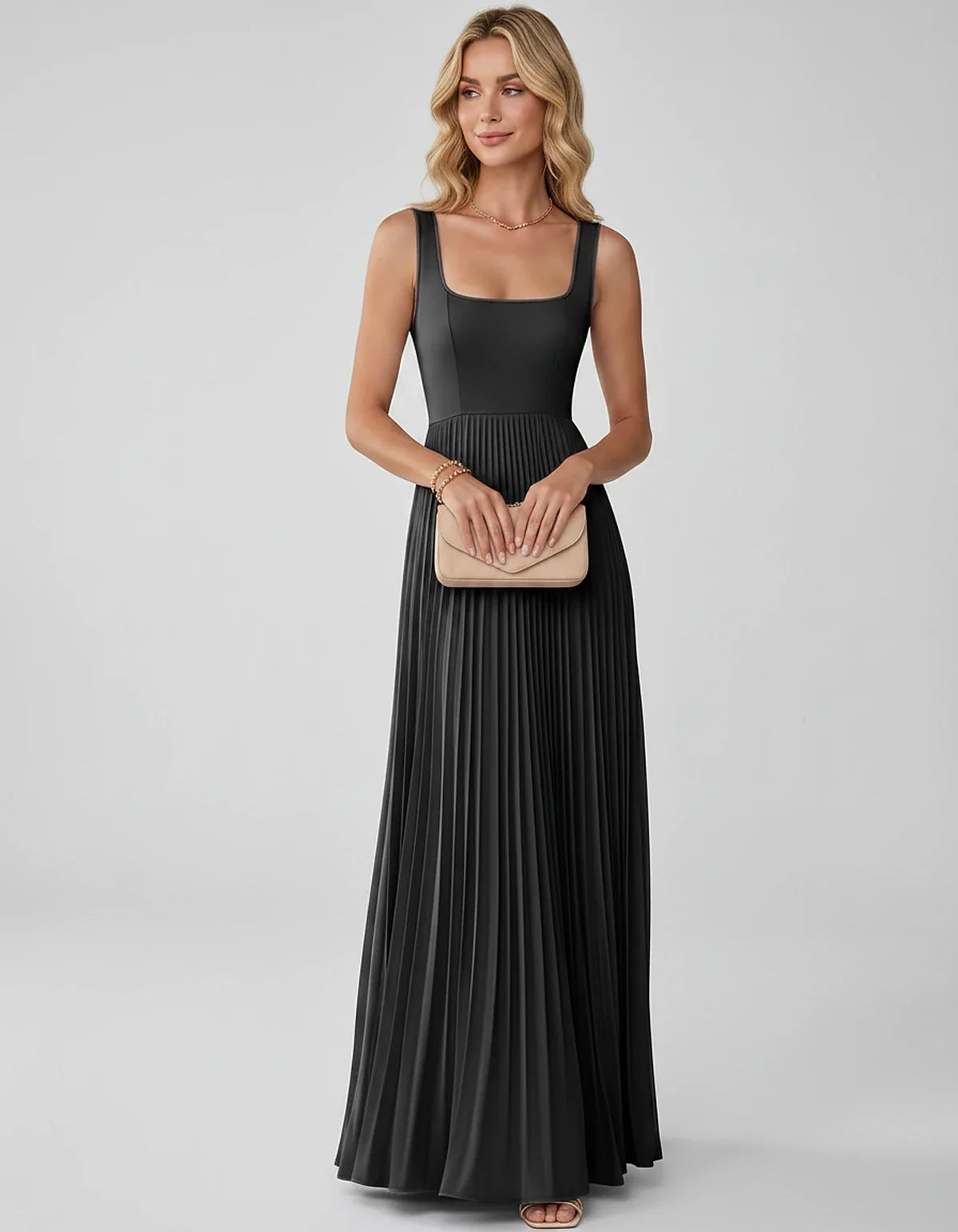 Satin Sleeveless Square Neck A-Line Maxi Dress with Pleated Skirt for Party, Cocktail, Evening, Wedding Guest & Summer Events | SKU: AMD-583920174618527-BLACK-L,AMD-583920174618527-BLACK-M,AMD-583920174618527-BLACK-S,AMD-583920174618527-BLACK-XL,AMD-583920174618527-BLACK-XS
