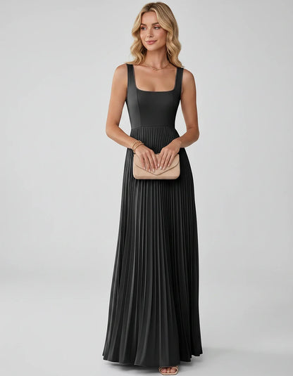 Satin Sleeveless Square Neck A-Line Maxi Dress with Pleated Skirt for Party, Cocktail, Evening, Wedding Guest & Summer Events | SKU: AMD-583920174618527-BLACK-L,AMD-583920174618527-BLACK-M,AMD-583920174618527-BLACK-S,AMD-583920174618527-BLACK-XL,AMD-583920174618527-BLACK-XS