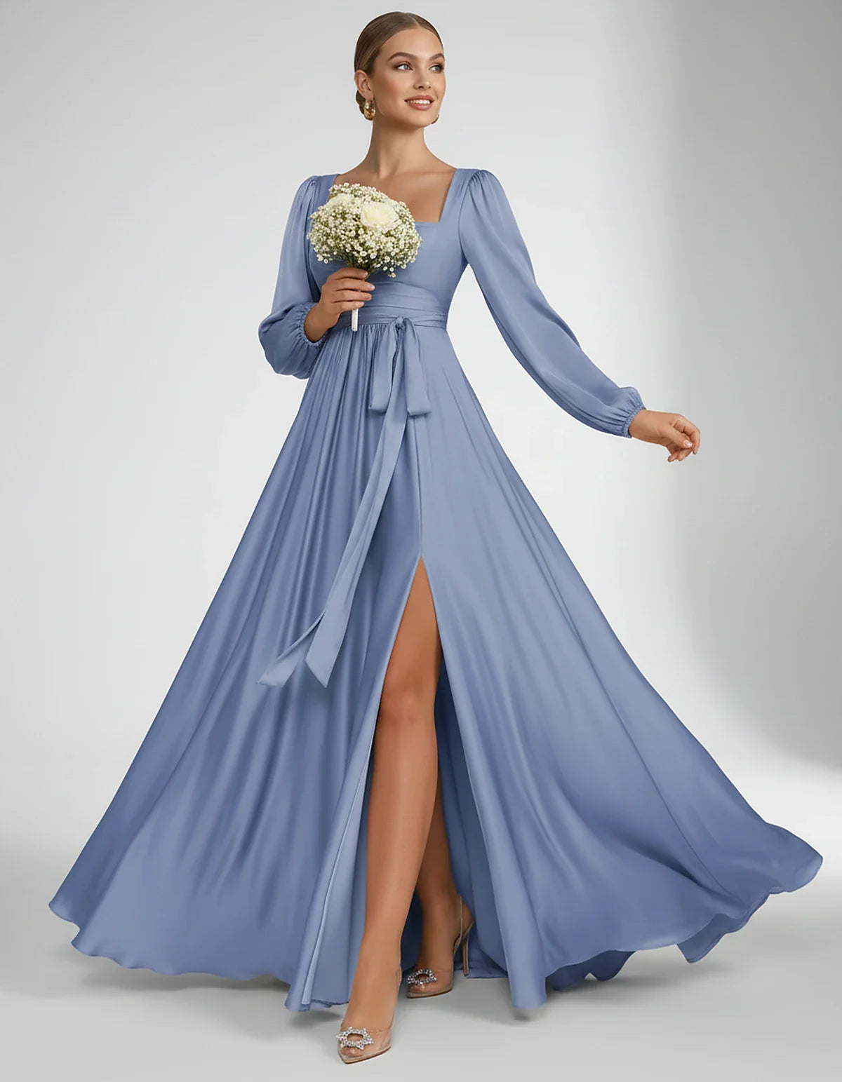 Satin Long Sleeve Square Neck A-Line Maxi Dress with Side Slit for Bridesmaid, Party, Cocktail, Evening, Wedding Guest & Summ | SKU: AMD-864521903781546-DUSTY-BLUE-L,AMD-864521903781546-DUSTY-BLUE-M,AMD-864521903781546-DUSTY-BLUE-S,AMD-864521903781546-DUSTY-BLUE-XL,AMD-864521903781546-DUSTY-BLUE-XS