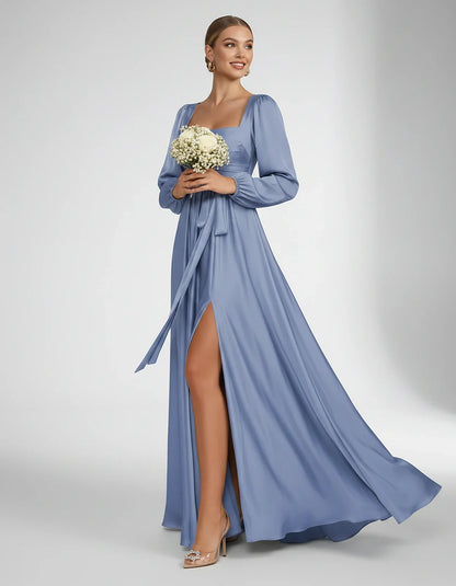 Satin Long Sleeve Square Neck A-Line Maxi Dress with Side Slit for Bridesmaid, Party, Cocktail, Evening, Wedding Guest & Summ | SKU: AMD-864521903781546-DUSTY-BLUE-L,AMD-864521903781546-DUSTY-BLUE-M,AMD-864521903781546-DUSTY-BLUE-S,AMD-864521903781546-DUSTY-BLUE-XL,AMD-864521903781546-DUSTY-BLUE-XS