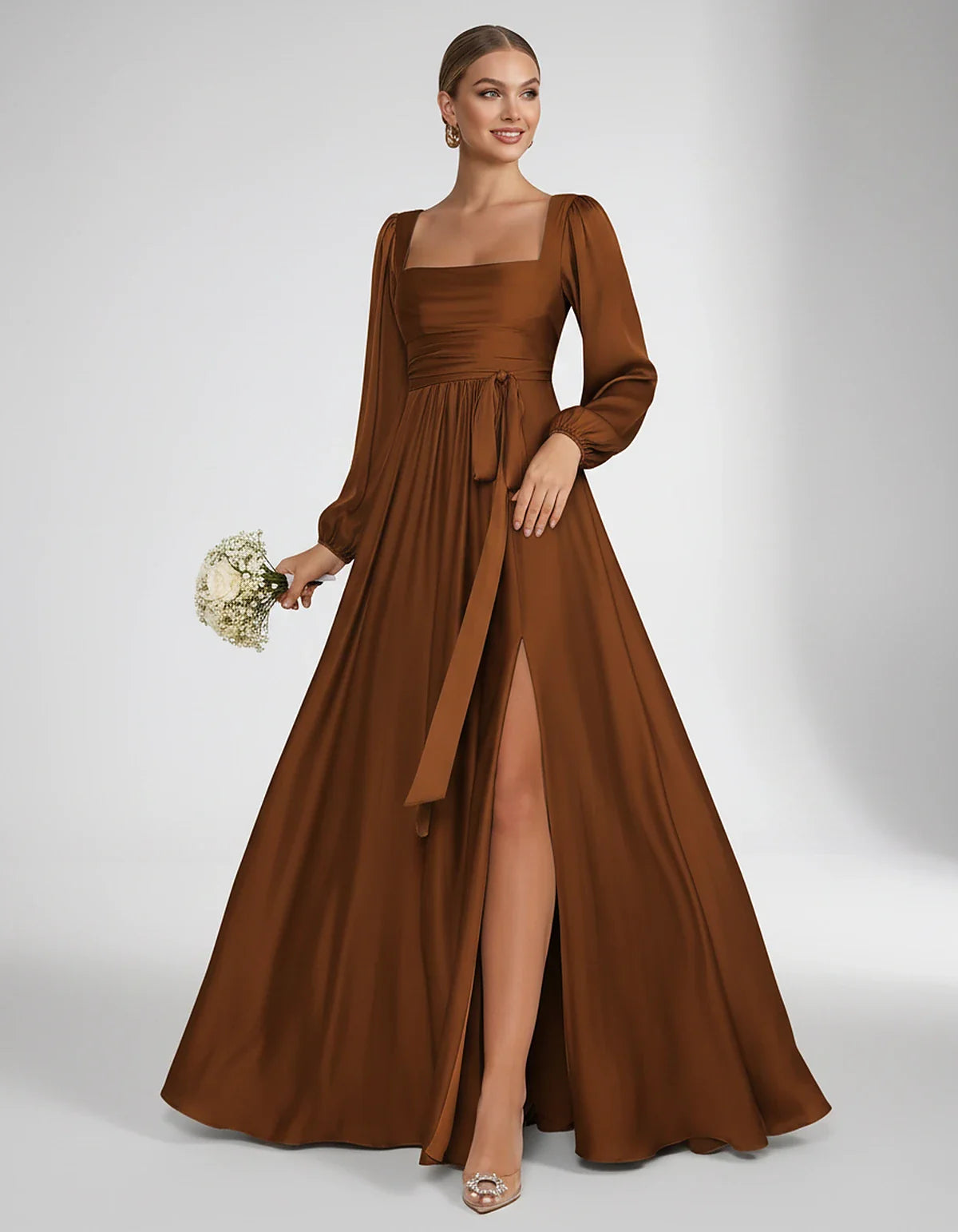 Satin Long Sleeve Square Neck A-Line Maxi Dress with Side Slit for Bridesmaid, Party, Cocktail, Evening, Wedding Guest & Summ | SKU: AMD-864521903781546-BURNTORANGE-L,AMD-864521903781546-BURNTORANGE-M,AMD-864521903781546-BURNTORANGE-S,AMD-864521903781546-BURNTORANGE-XL,AMD-864521903781546-BURNTORANGE-XS