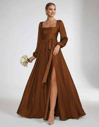 Satin Long Sleeve Square Neck A-Line Maxi Dress with Side Slit for Bridesmaid, Party, Cocktail, Evening, Wedding Guest & Summ | SKU: AMD-864521903781546-BURNTORANGE-L,AMD-864521903781546-BURNTORANGE-M,AMD-864521903781546-BURNTORANGE-S,AMD-864521903781546-BURNTORANGE-XL,AMD-864521903781546-BURNTORANGE-XS