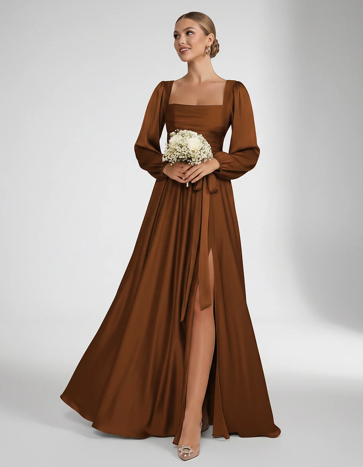 Satin Long Sleeve Square Neck A-Line Maxi Dress with Side Slit for Bridesmaid, Party, Cocktail, Evening, Wedding Guest & Summ | SKU: AMD-864521903781546-BURNTORANGE-L,AMD-864521903781546-BURNTORANGE-M,AMD-864521903781546-BURNTORANGE-S,AMD-864521903781546-BURNTORANGE-XL,AMD-864521903781546-BURNTORANGE-XS