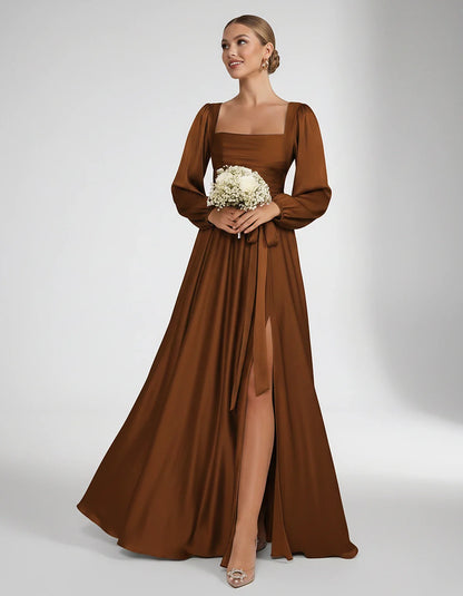 Satin Long Sleeve Square Neck A-Line Maxi Dress with Side Slit for Bridesmaid, Party, Cocktail, Evening, Wedding Guest & Summ | SKU: AMD-864521903781546-BURNTORANGE-L,AMD-864521903781546-BURNTORANGE-M,AMD-864521903781546-BURNTORANGE-S,AMD-864521903781546-BURNTORANGE-XL,AMD-864521903781546-BURNTORANGE-XS