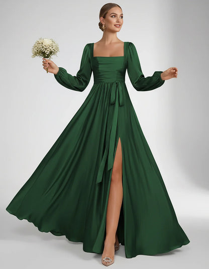 Satin Long Sleeve Square Neck A-Line Maxi Dress with Side Slit for Bridesmaid, Party, Cocktail, Evening, Wedding Guest & Summ | SKU: AMD-864521903781546-EMERALD-L,AMD-864521903781546-EMERALD-M,AMD-864521903781546-EMERALD-S,AMD-864521903781546-EMERALD-XL,AMD-864521903781546-EMERALD-XS