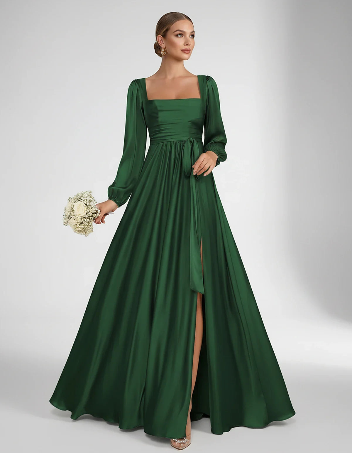 Satin Long Sleeve Square Neck A-Line Maxi Dress with Side Slit for Bridesmaid, Party, Cocktail, Evening, Wedding Guest & Summ | SKU: AMD-864521903781546-EMERALD-L,AMD-864521903781546-EMERALD-M,AMD-864521903781546-EMERALD-S,AMD-864521903781546-EMERALD-XL,AMD-864521903781546-EMERALD-XS