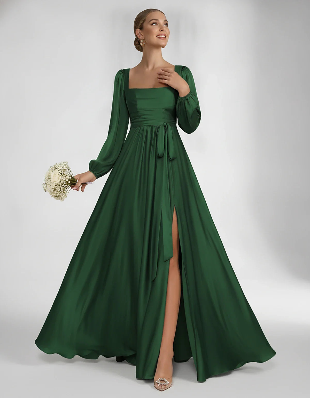 Satin Long Sleeve Square Neck A-Line Maxi Dress with Side Slit for Bridesmaid, Party, Cocktail, Evening, Wedding Guest & Summ | SKU: AMD-864521903781546-EMERALD-L,AMD-864521903781546-EMERALD-M,AMD-864521903781546-EMERALD-S,AMD-864521903781546-EMERALD-XL,AMD-864521903781546-EMERALD-XS