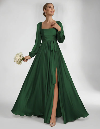 Satin Long Sleeve Square Neck A-Line Maxi Dress with Side Slit for Bridesmaid, Party, Cocktail, Evening, Wedding Guest & Summ | SKU: AMD-864521903781546-EMERALD-L,AMD-864521903781546-EMERALD-M,AMD-864521903781546-EMERALD-S,AMD-864521903781546-EMERALD-XL,AMD-864521903781546-EMERALD-XS