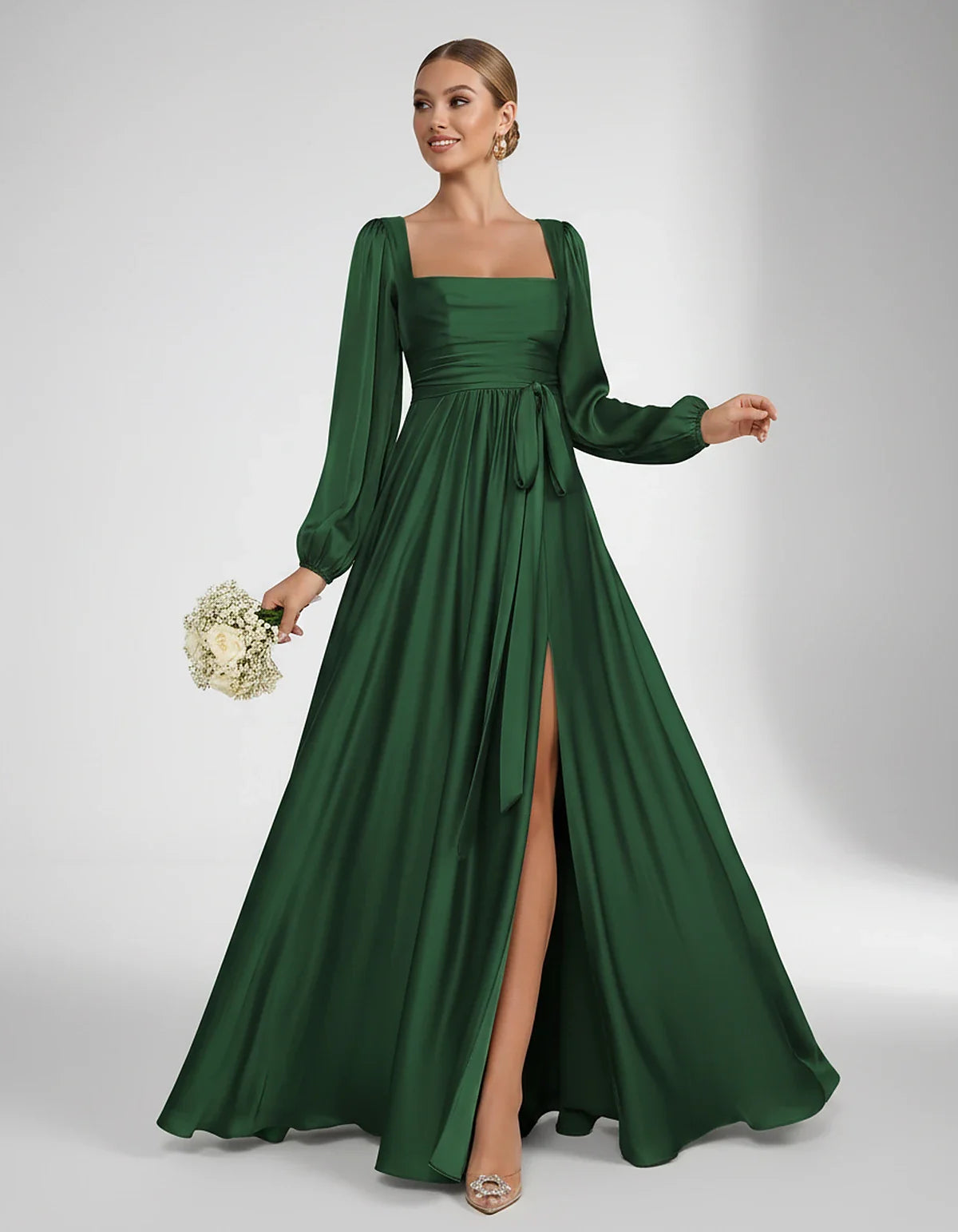 Satin Long Sleeve Square Neck A-Line Maxi Dress with Side Slit for Bridesmaid, Party, Cocktail, Evening, Wedding Guest & Summ | SKU: AMD-864521903781546-EMERALD-L,AMD-864521903781546-EMERALD-M,AMD-864521903781546-EMERALD-S,AMD-864521903781546-EMERALD-XL,AMD-864521903781546-EMERALD-XS
