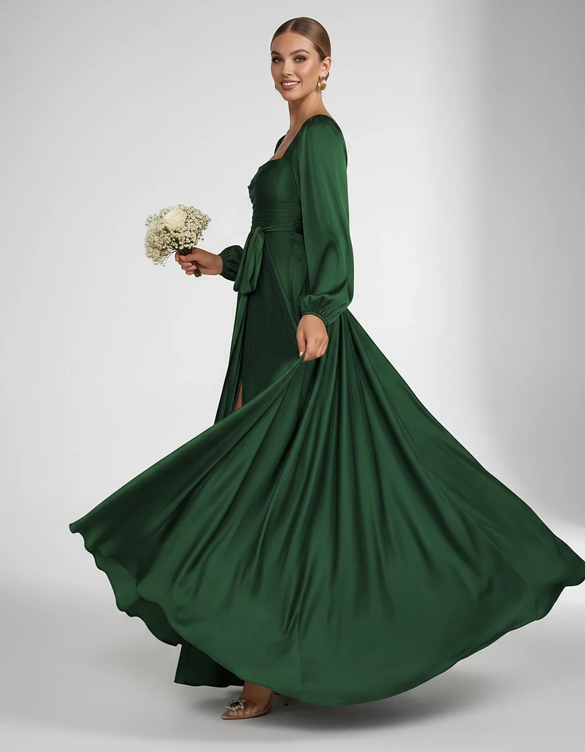 Satin Long Sleeve Square Neck A-Line Maxi Dress with Side Slit for Bridesmaid, Party, Cocktail, Evening, Wedding Guest & Summ | SKU: AMD-864521903781546-EMERALD-L,AMD-864521903781546-EMERALD-M,AMD-864521903781546-EMERALD-S,AMD-864521903781546-EMERALD-XL,AMD-864521903781546-EMERALD-XS