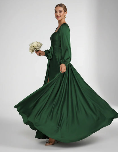 Satin Long Sleeve Square Neck A-Line Maxi Dress with Side Slit for Bridesmaid, Party, Cocktail, Evening, Wedding Guest & Summ | SKU: AMD-864521903781546-EMERALD-L,AMD-864521903781546-EMERALD-M,AMD-864521903781546-EMERALD-S,AMD-864521903781546-EMERALD-XL,AMD-864521903781546-EMERALD-XS