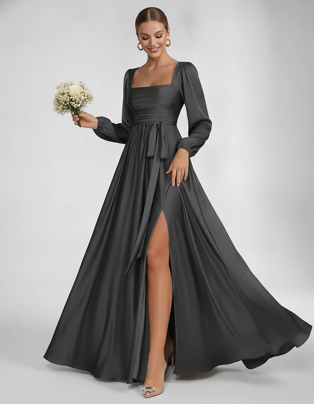 Satin Long Sleeve Square Neck A-Line Maxi Dress with Side Slit for Bridesmaid, Party, Cocktail, Evening, Wedding Guest & Summ | SKU: AMD-864521903781546-BLACK-L,AMD-864521903781546-BLACK-M,AMD-864521903781546-BLACK-S,AMD-864521903781546-BLACK-XL,AMD-864521903781546-BLACK-XS