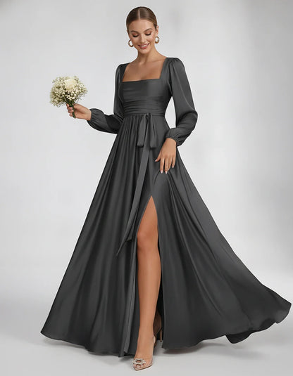 Satin Long Sleeve Square Neck A-Line Maxi Dress with Side Slit for Bridesmaid, Party, Cocktail, Evening, Wedding Guest & Summ | SKU: AMD-864521903781546-BLACK-L,AMD-864521903781546-BLACK-M,AMD-864521903781546-BLACK-S,AMD-864521903781546-BLACK-XL,AMD-864521903781546-BLACK-XS