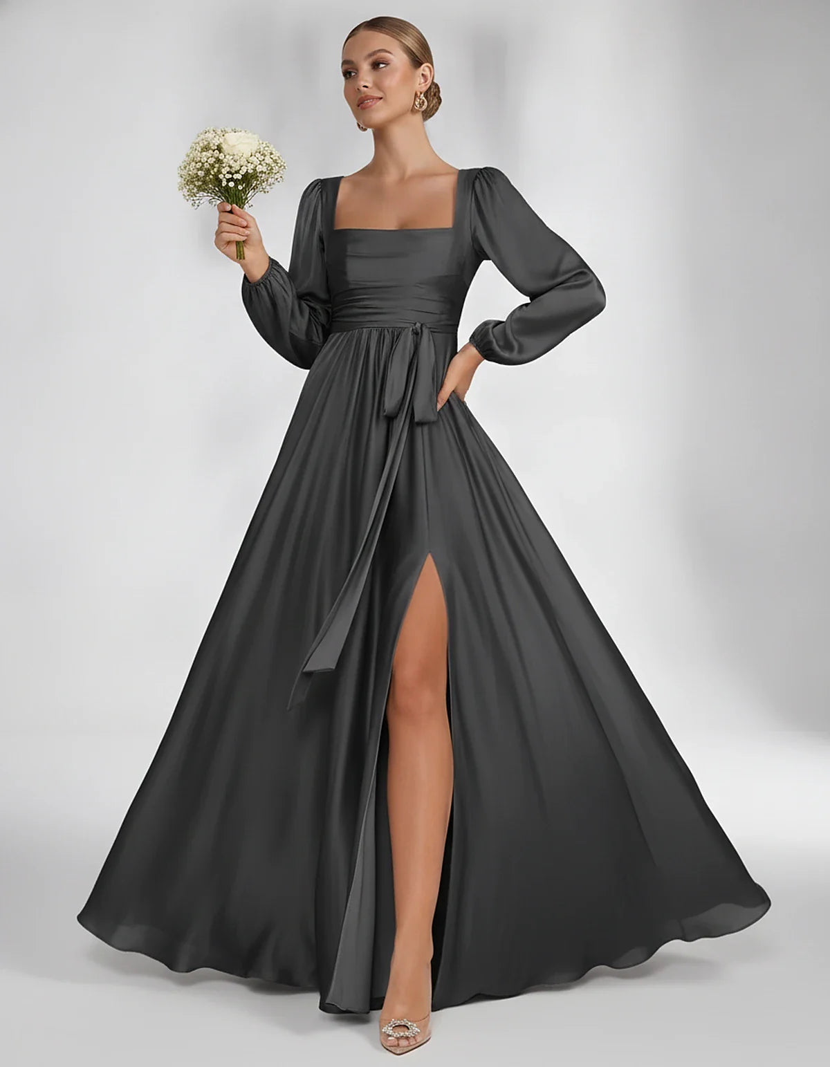 Satin Long Sleeve Square Neck A-Line Maxi Dress with Side Slit for Bridesmaid, Party, Cocktail, Evening, Wedding Guest & Summ | SKU: AMD-864521903781546-BLACK-L,AMD-864521903781546-BLACK-M,AMD-864521903781546-BLACK-S,AMD-864521903781546-BLACK-XL,AMD-864521903781546-BLACK-XS