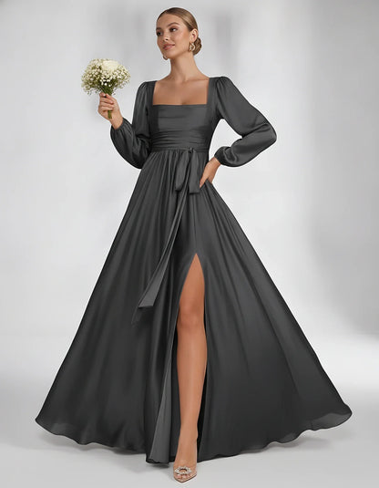 Satin Long Sleeve Square Neck A-Line Maxi Dress with Side Slit for Bridesmaid, Party, Cocktail, Evening, Wedding Guest & Summ | SKU: AMD-864521903781546-BLACK-L,AMD-864521903781546-BLACK-M,AMD-864521903781546-BLACK-S,AMD-864521903781546-BLACK-XL,AMD-864521903781546-BLACK-XS