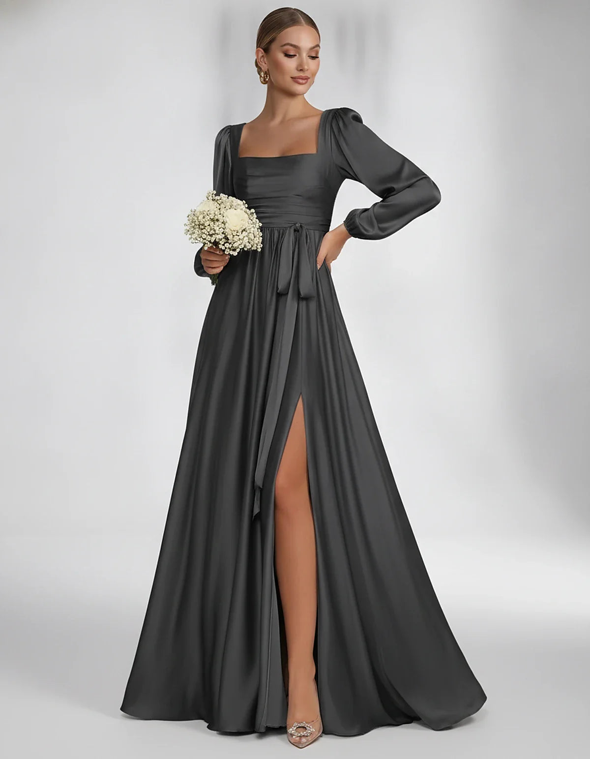 Satin Long Sleeve Square Neck A-Line Maxi Dress with Side Slit for Bridesmaid, Party, Cocktail, Evening, Wedding Guest & Summ | SKU: AMD-864521903781546-BLACK-L,AMD-864521903781546-BLACK-M,AMD-864521903781546-BLACK-S,AMD-864521903781546-BLACK-XL,AMD-864521903781546-BLACK-XS