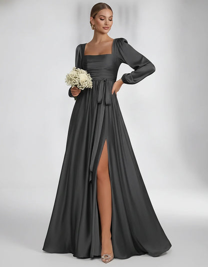 Satin Long Sleeve Square Neck A-Line Maxi Dress with Side Slit for Bridesmaid, Party, Cocktail, Evening, Wedding Guest & Summ | SKU: AMD-864521903781546-BLACK-L,AMD-864521903781546-BLACK-M,AMD-864521903781546-BLACK-S,AMD-864521903781546-BLACK-XL,AMD-864521903781546-BLACK-XS