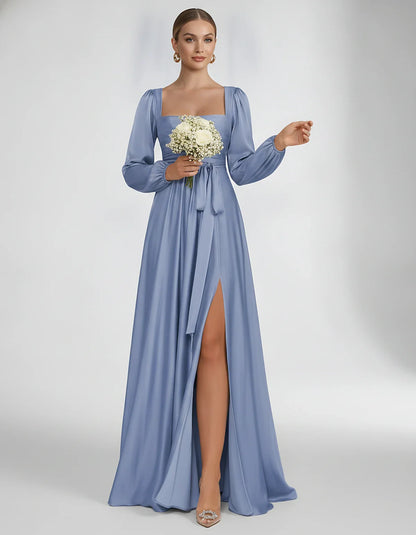 Satin Long Sleeve Square Neck A-Line Maxi Dress with Side Slit for Bridesmaid, Party, Cocktail, Evening, Wedding Guest & Summ | SKU: AMD-864521903781546-DUSTY-BLUE-L,AMD-864521903781546-DUSTY-BLUE-M,AMD-864521903781546-DUSTY-BLUE-S,AMD-864521903781546-DUSTY-BLUE-XL,AMD-864521903781546-DUSTY-BLUE-XS